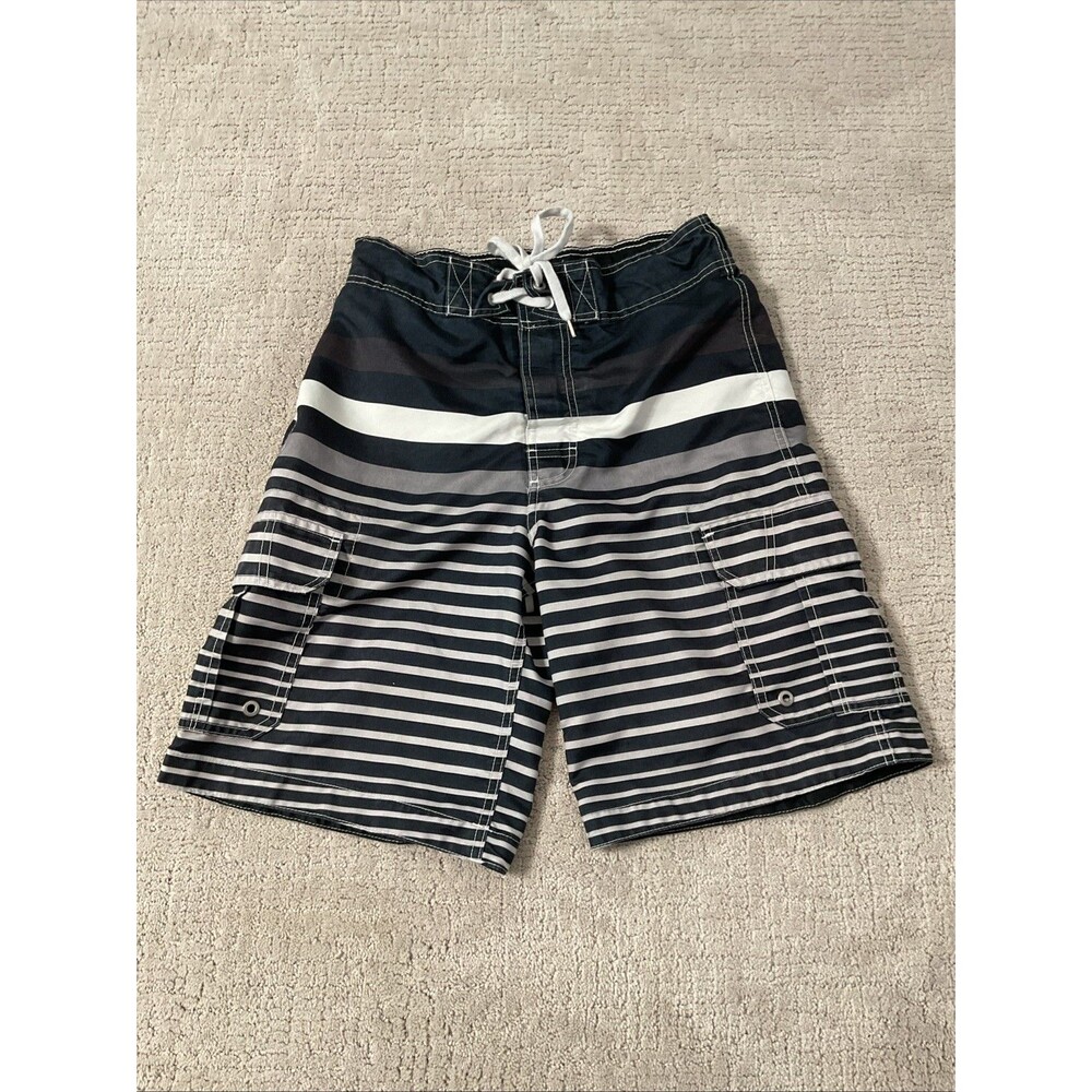 Merona Men's Striped Three Pocket Swim Trunks Size S,9” Inseam.. Gray,black